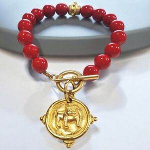 SUSAN SHAW Cute Boxer Bulldog Red Coral Toggle Bracelet